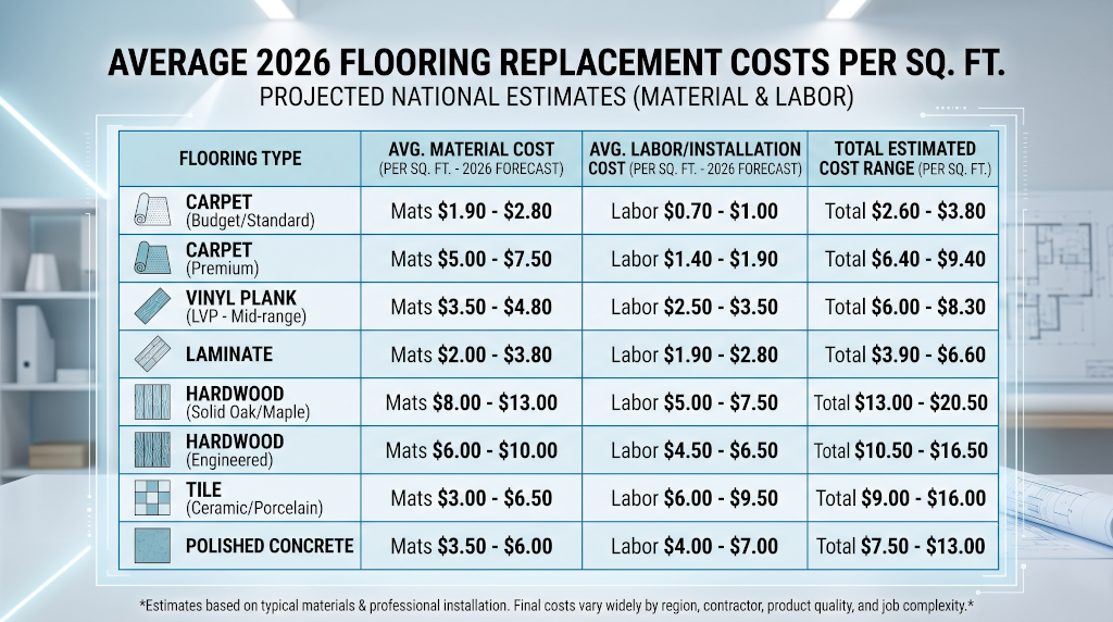 Table showing average 2026 material and labor costs for flooring replacement