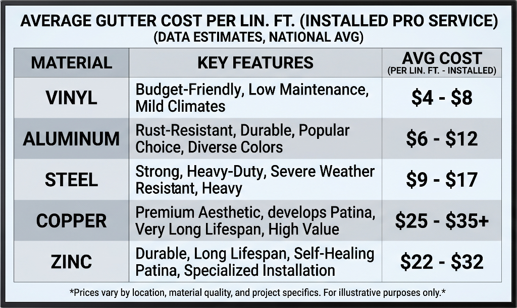 Table showing average costs per linear foot for different gutter materials