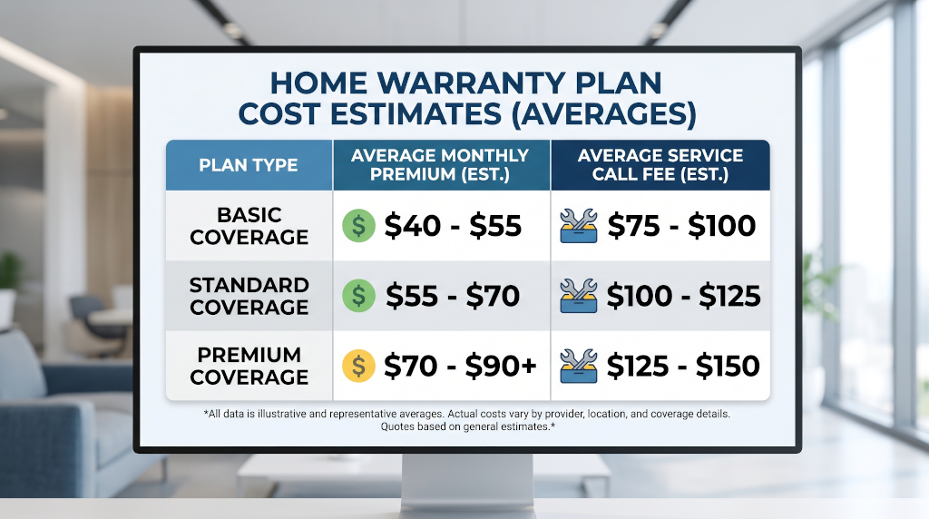 Table showing average monthly premiums and service call fees for home warranty plans