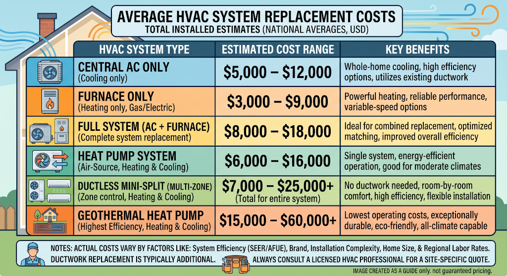 Table showing the average costs for replacing different types of HVAC systems