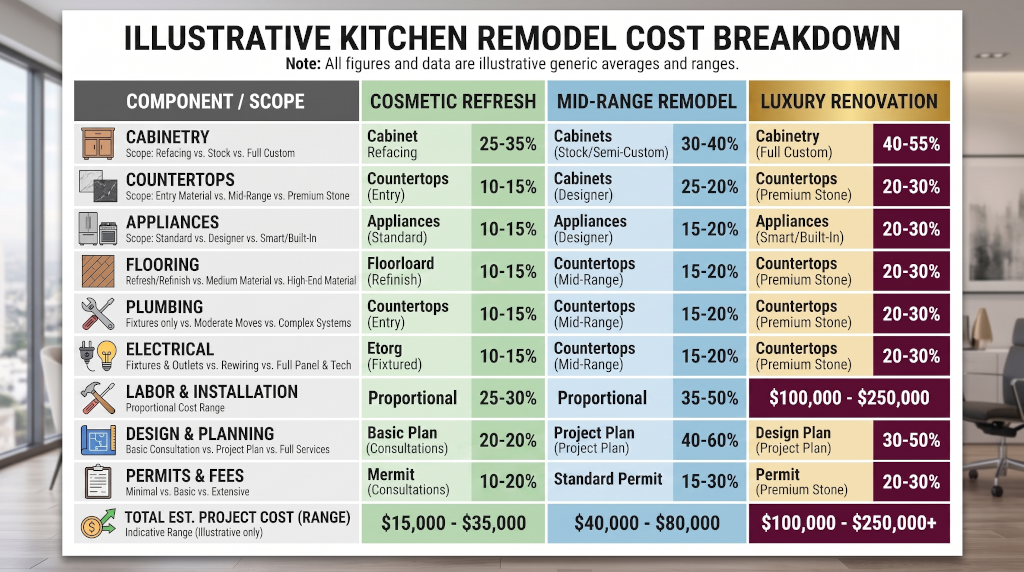 Table breaking down the costs of cosmetic, mid-range, and luxury kitchen remodels