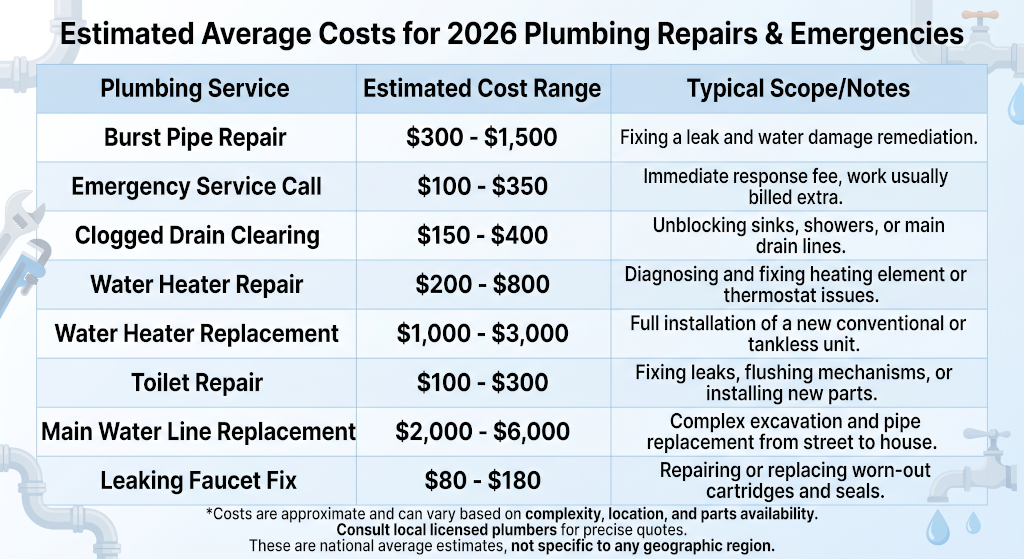 Table showing the average costs for 2026 plumbing repairs and emergencies