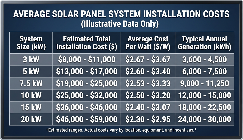 Table showing the average costs for installing different sizes of solar panel systems