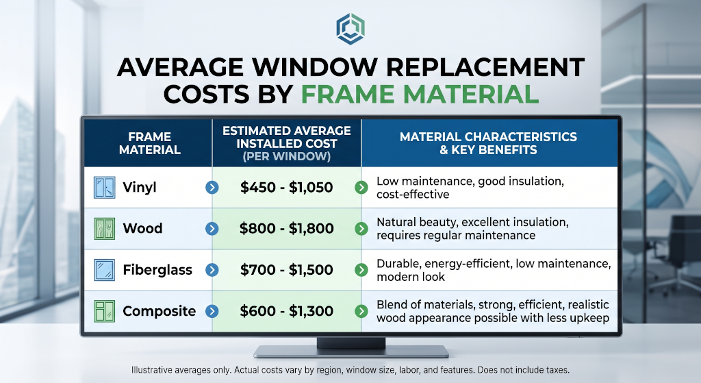 Table comparing average window replacement costs by frame material