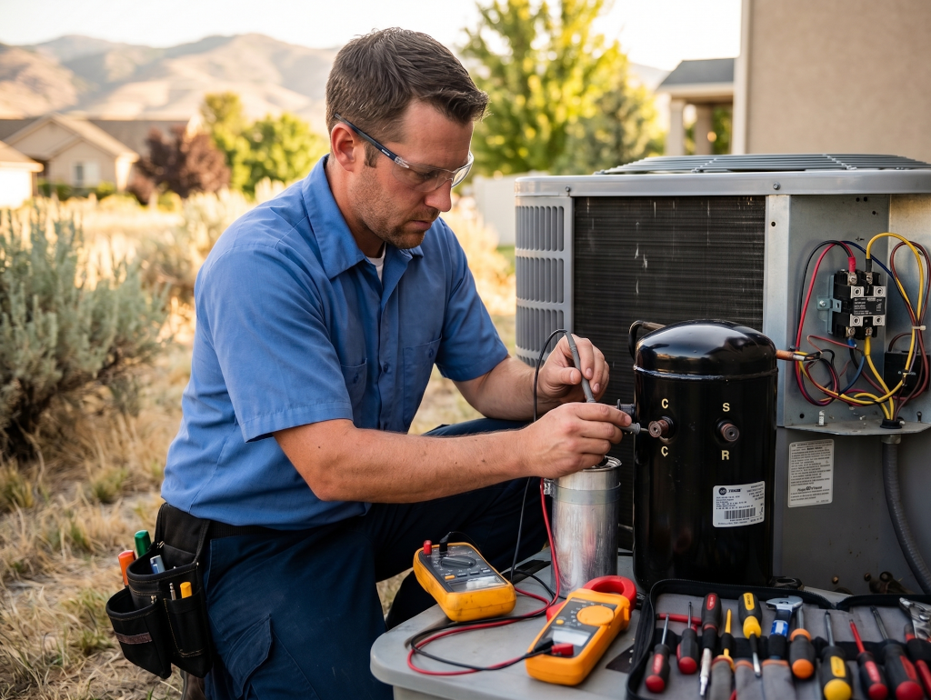 Technician testing air conditioning compressor electrical components