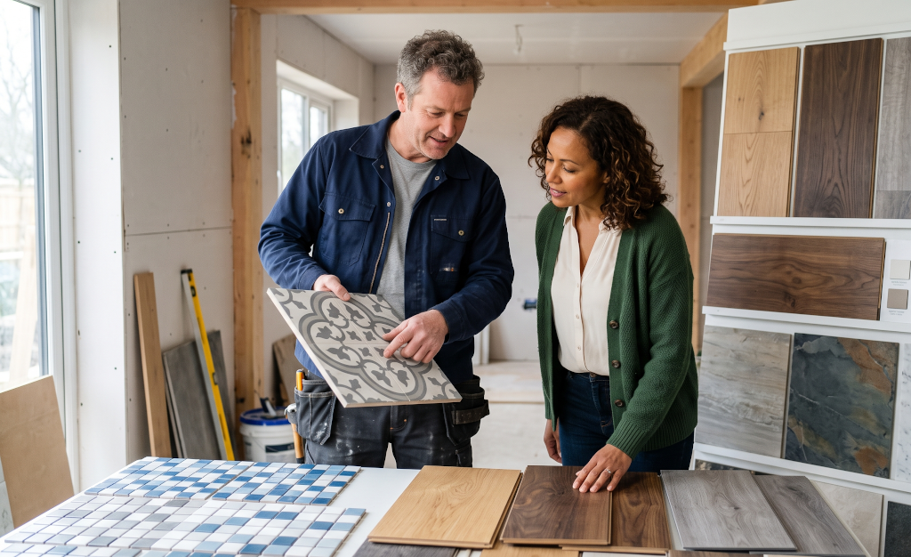 Contractor showing homeowner tile and flooring material options