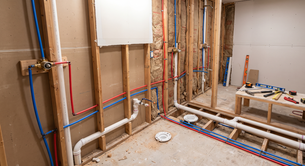 A gutted bathroom showing new plumbing lines ready for a modern renovation