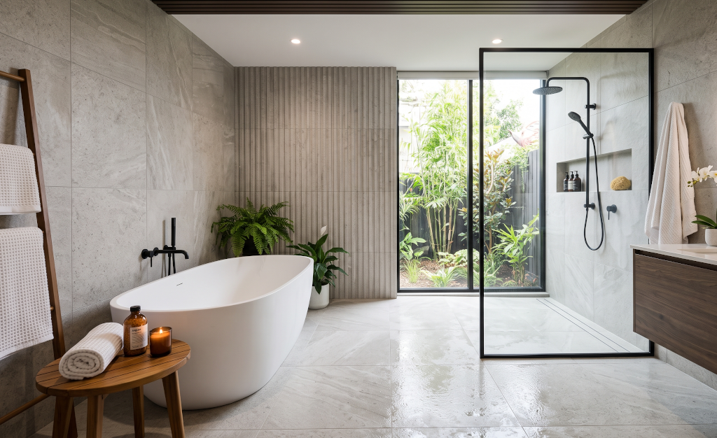 A modern, spa-like wet room with a freestanding tub and walk-in shower