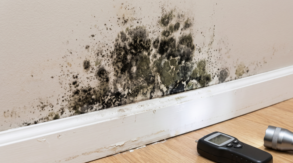 Severe black mold growth on drywall behind a baseboard