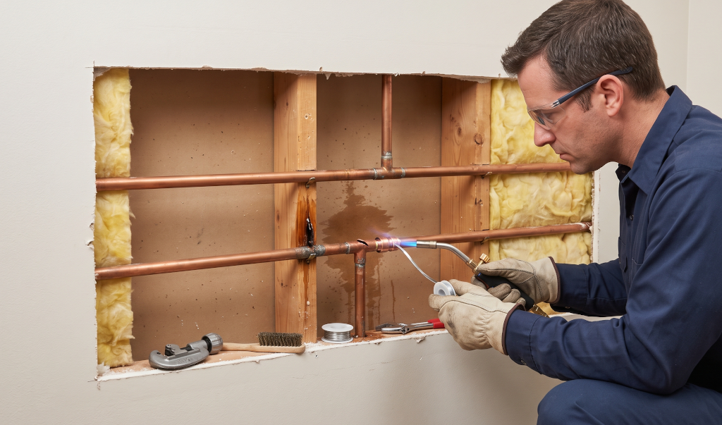A plumber repairing a burst copper pipe behind residential drywall