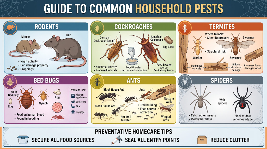 Diagram of common household pests including termites, rodents, and ants