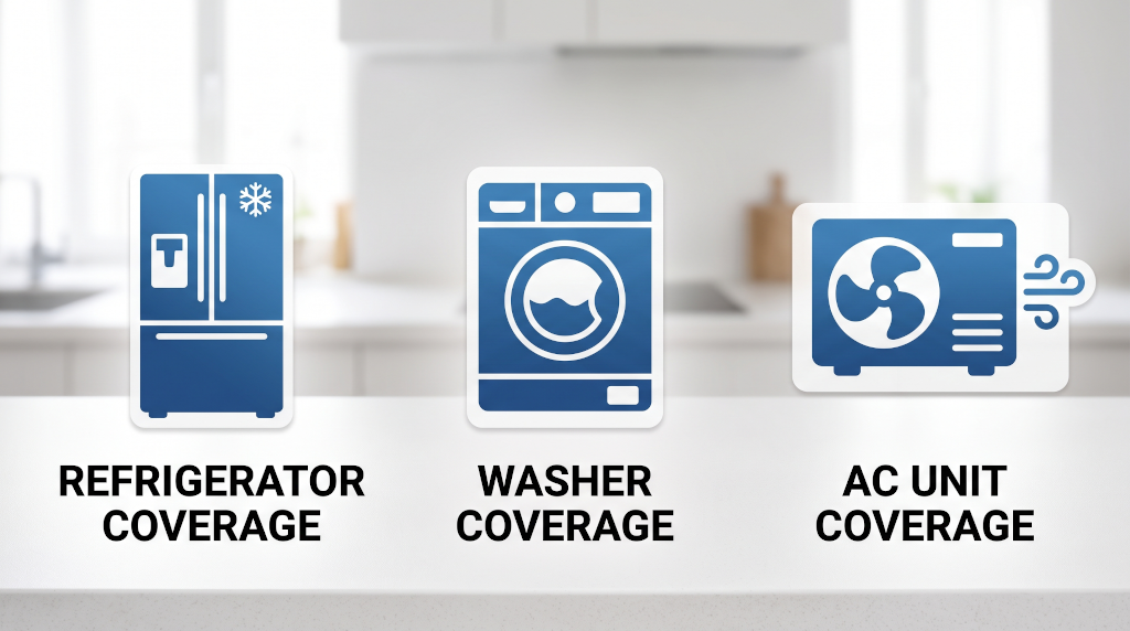 Icons showing common covered items like refrigerators, washers, and AC units