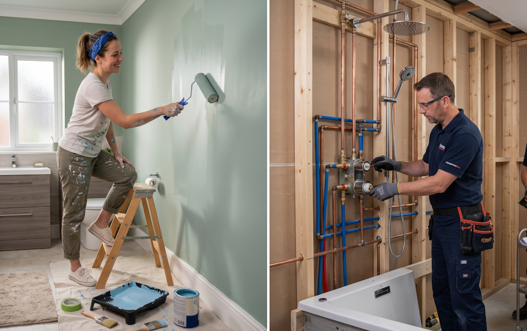 Comparison of a homeowner painting versus a professional installing complex plumbing