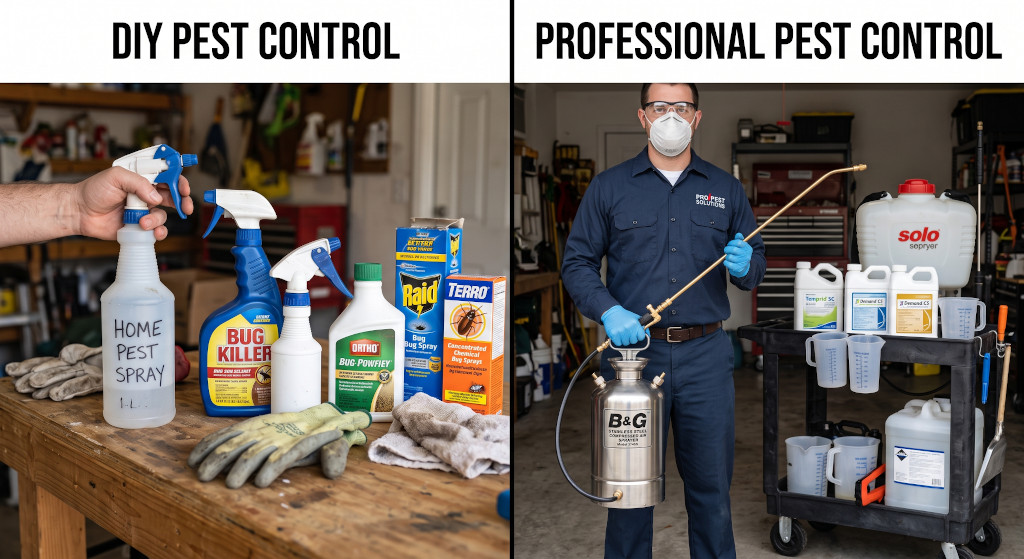 Comparison of DIY spray bottles versus a professional exterminator treating a home