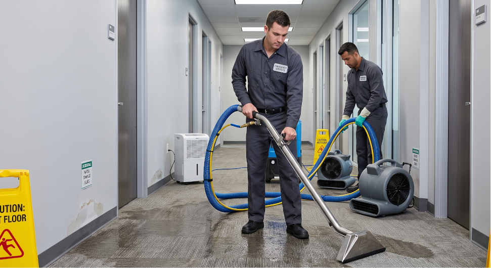 Professional technicians performing emergency water extraction