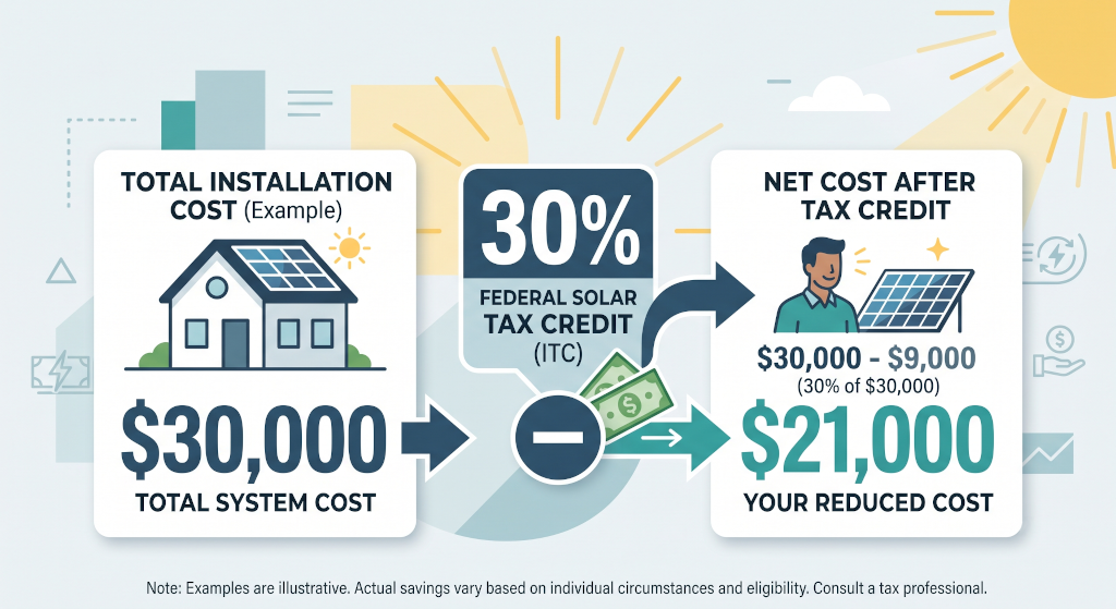 Chart showing how the 30 percent federal solar tax credit reduces the total cost of an installation