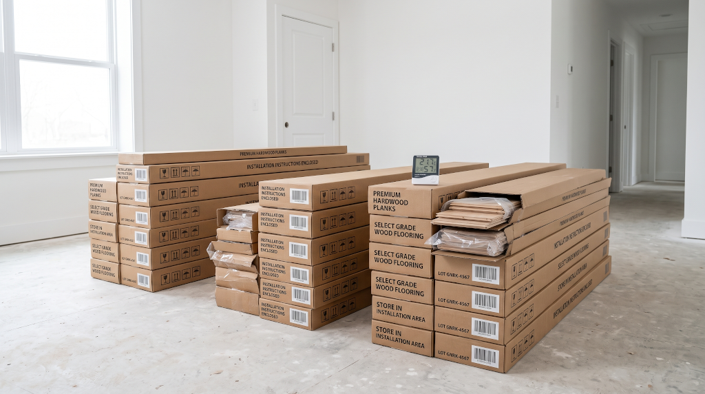 Stacks of hardwood flooring boxes acclimating inside a home before installation