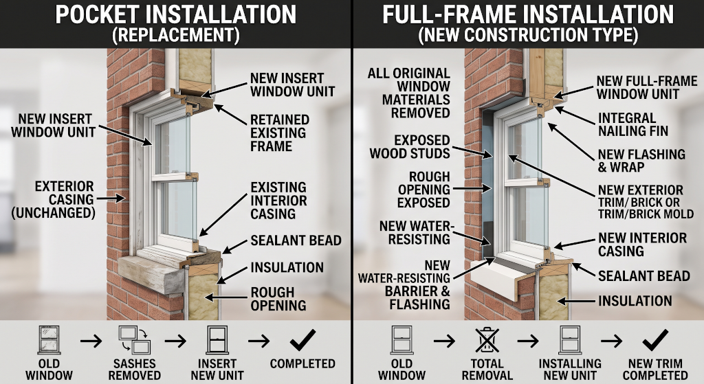 Cross-section diagram showing a pocket installation versus a full-frame installation
