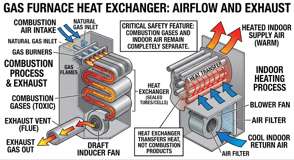 Diagram of a gas furnace heat exchanger showing airflow and exhaust