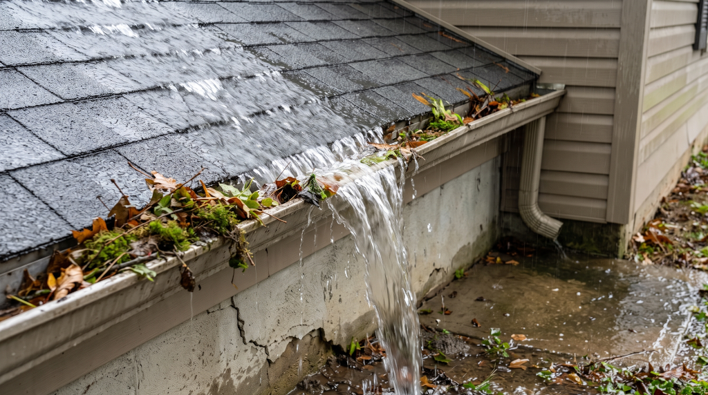 Water pouring over a clogged gutter and pooling near a cracked home foundation