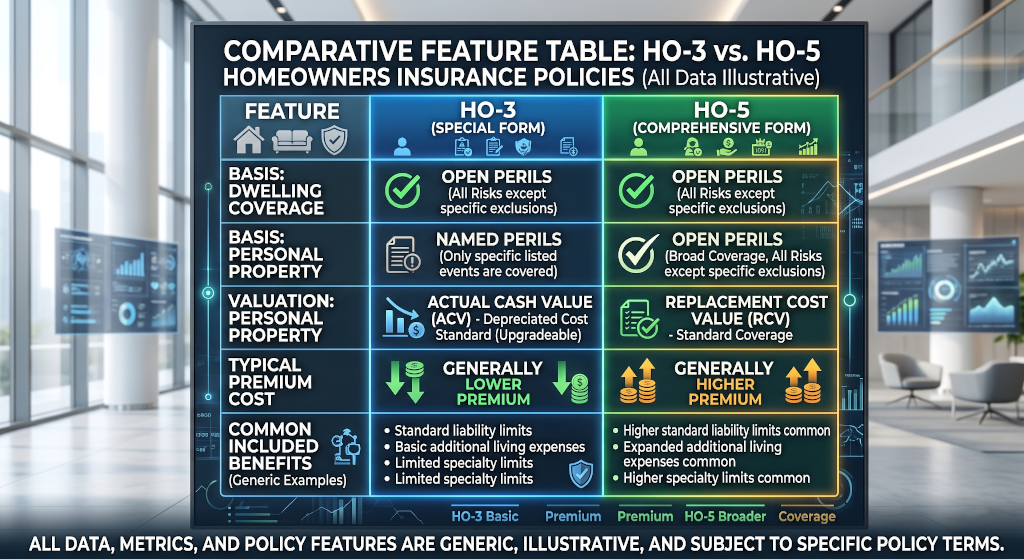 Table comparing the features of HO-3 and HO-5 homeowners insurance policies