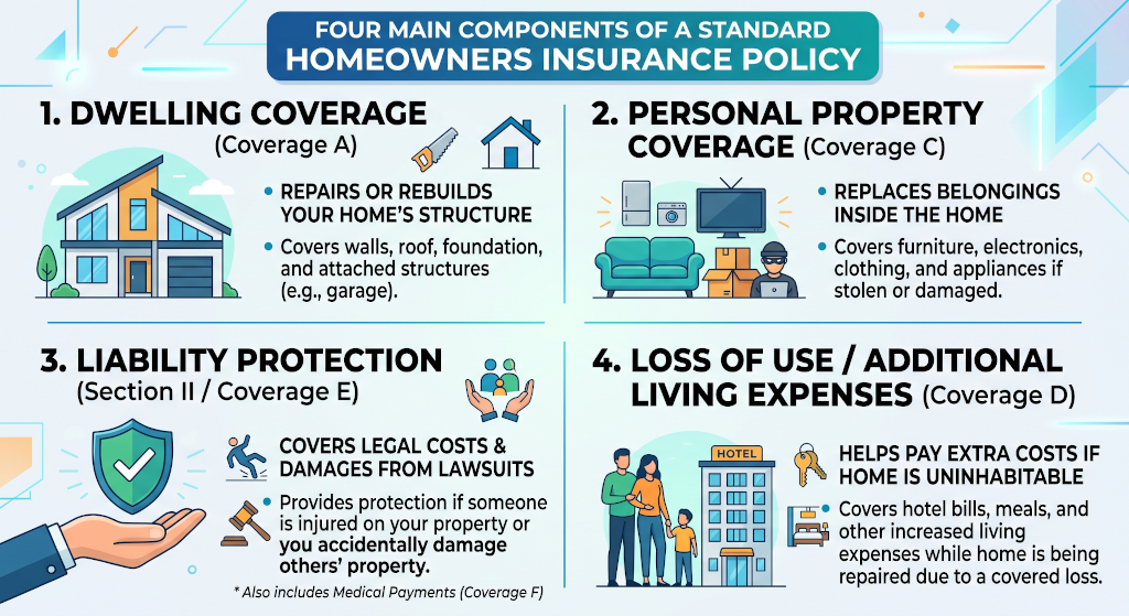 Infographic showing the four main components of a standard homeowners insurance policy