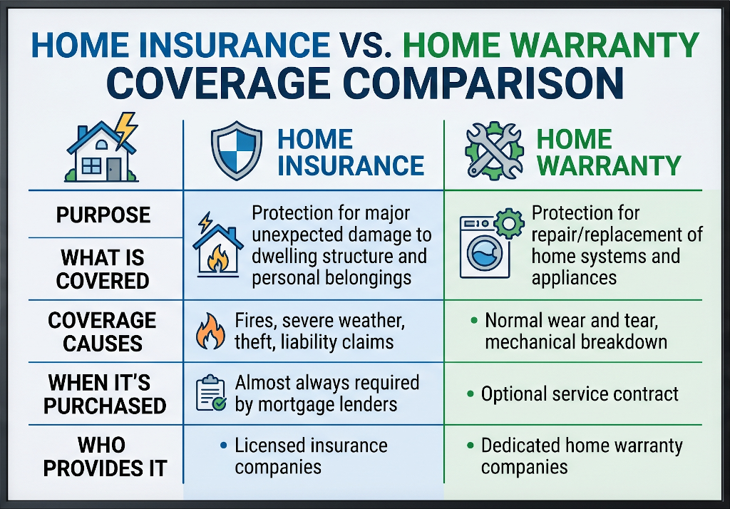 Comparison showing the differences between home insurance and home warranty coverage
