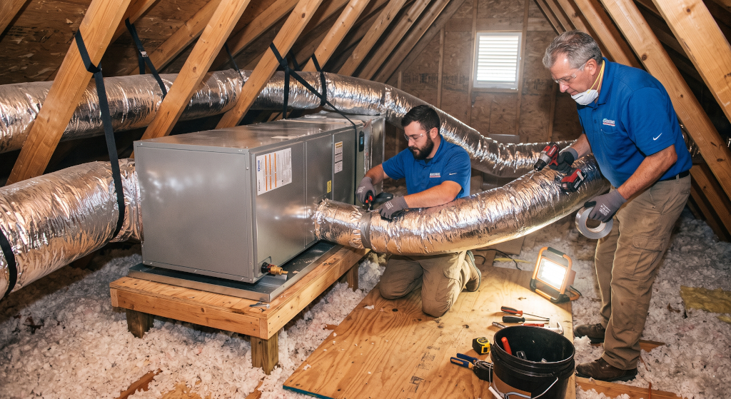 Technicians installing a new air handler and connecting ductwork in an attic