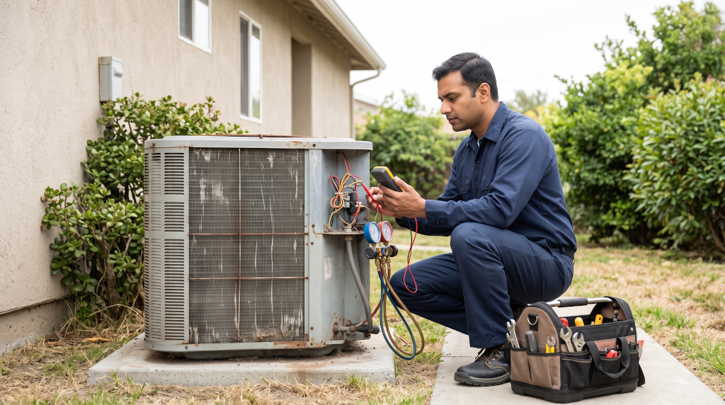 Technician assessing an older air conditioner to determine repair or replacement
