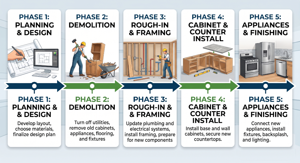 Timeline showing the phases of a full kitchen demolition and installation