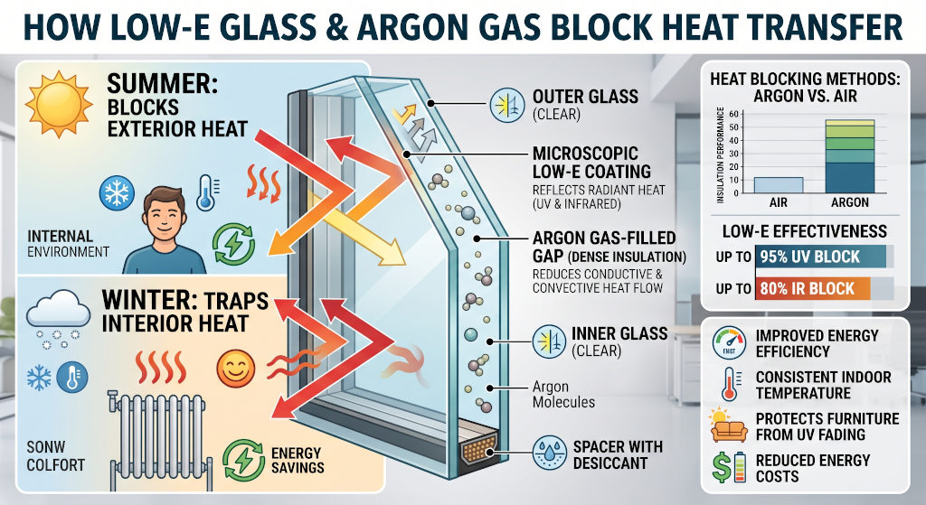 Diagram explaining how Low-E glass and Argon gas block heat transfer