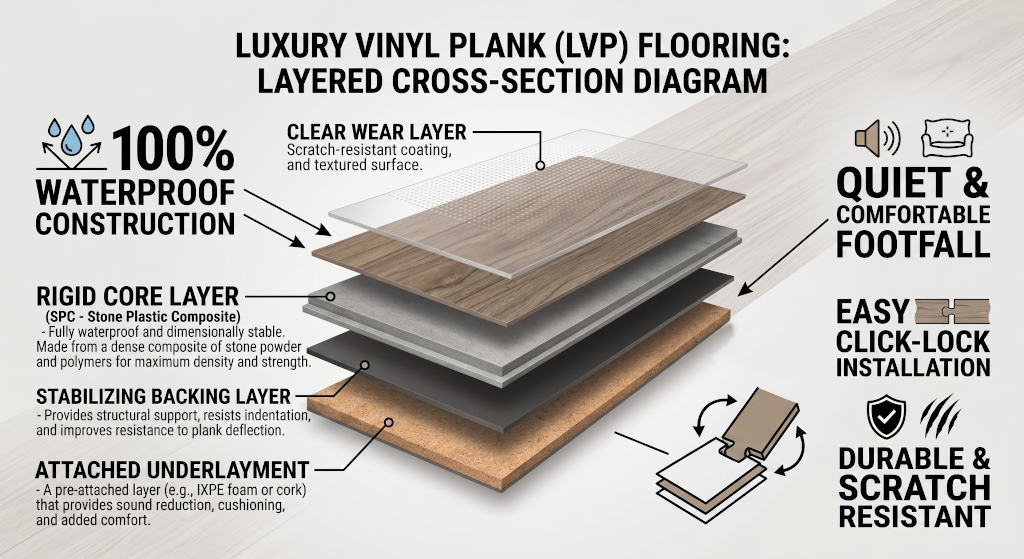 Diagram showing the waterproof layers and rigid core of luxury vinyl plank flooring
