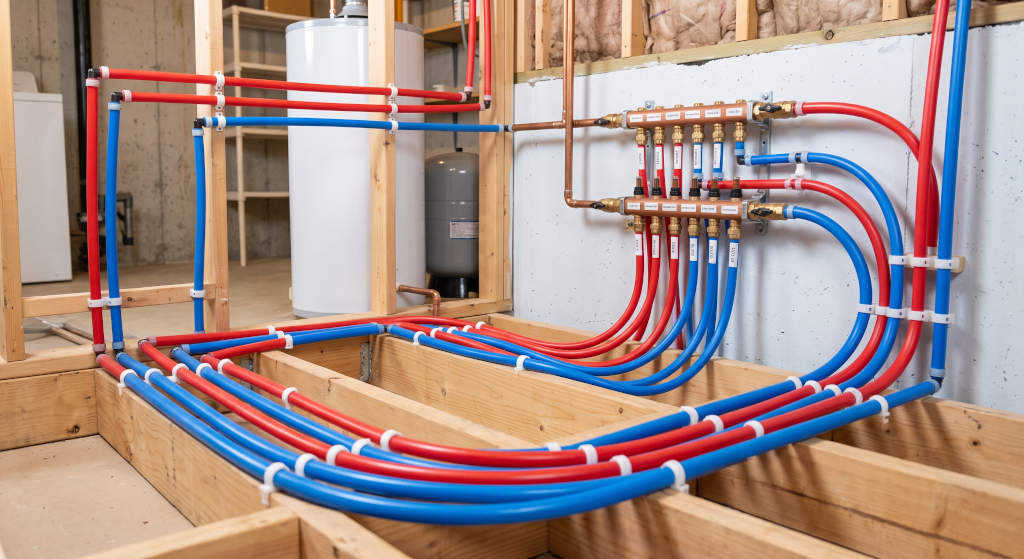 Modern red and blue PEX piping installed neatly in a residential basement