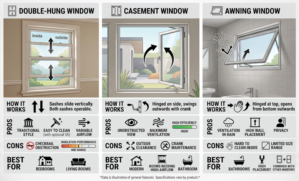 Visual comparison of double-hung, casement, and awning windows