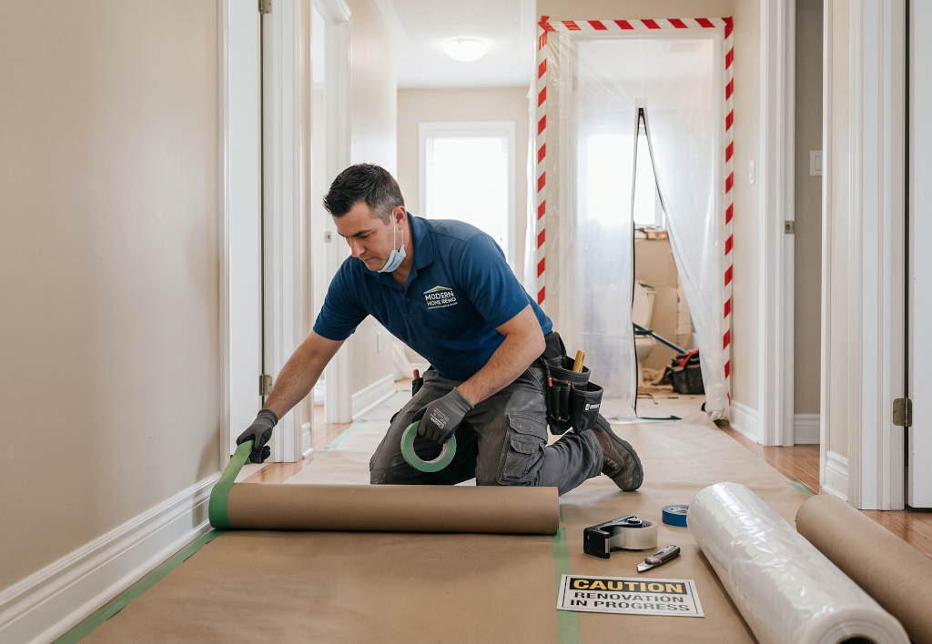 Contractor placing floor protection and dust barriers in a hallway