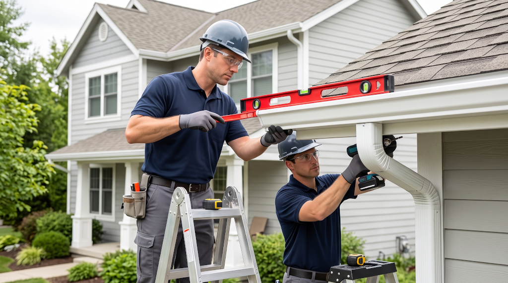 Technicians using a level to properly pitch a new gutter system toward a downspout