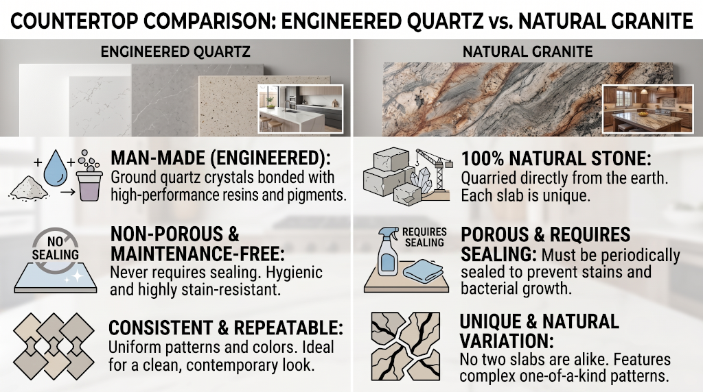 Comparison of engineered quartz countertops versus natural granite slabs