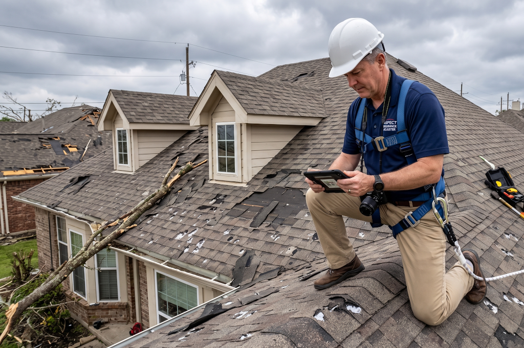 Insurance adjuster inspecting storm damage on a residential roof