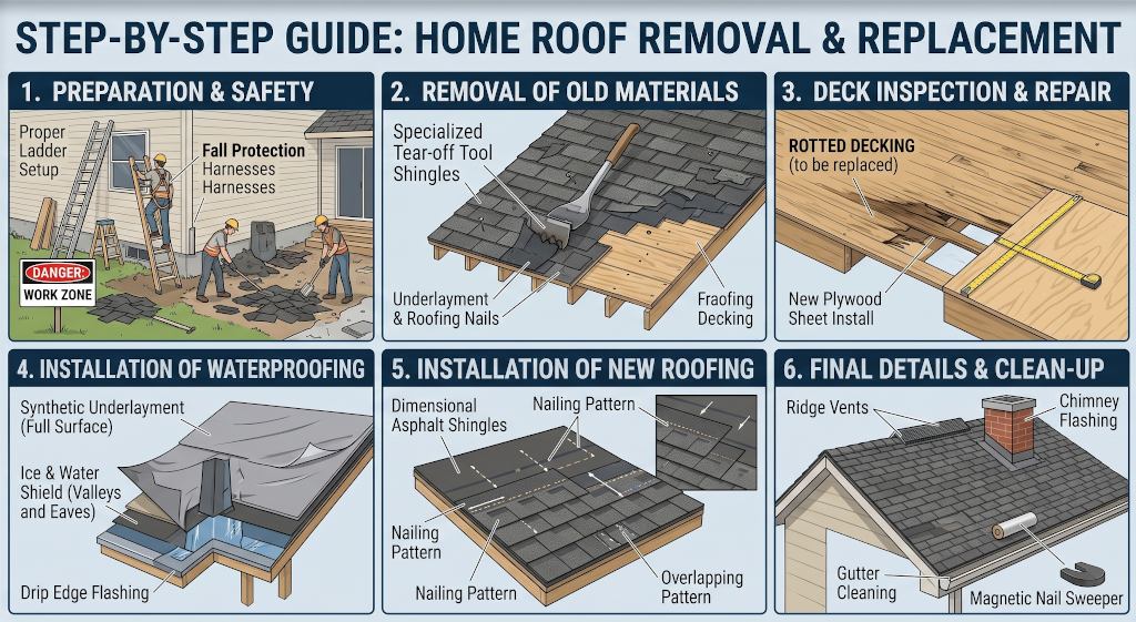 Step-by-step process of removing and replacing a home roof