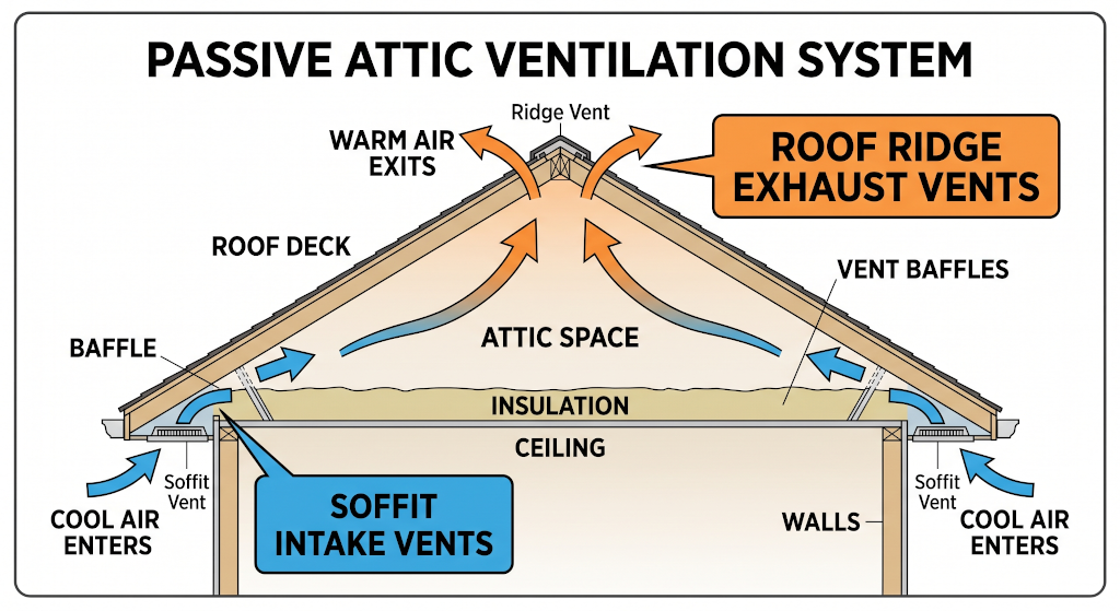 Diagram showing air intake at the soffits and exhaust at the roof ridge