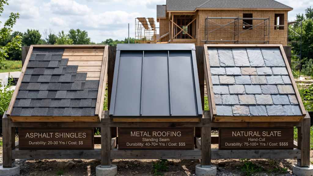 Comparison of different roofing materials including asphalt, metal, and slate