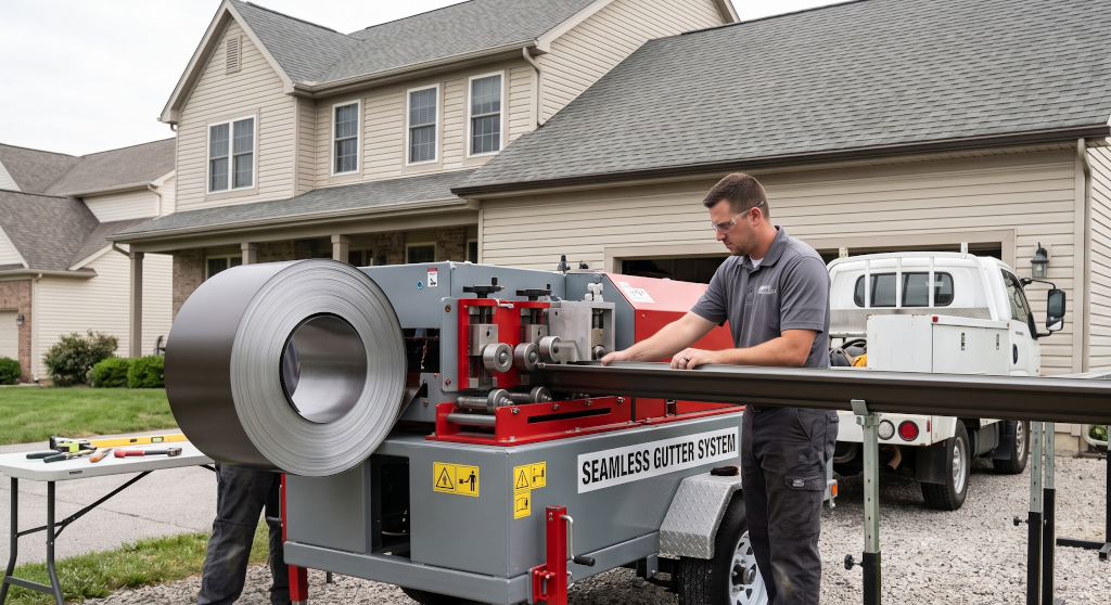 A gutter machine extruding a continuous seamless aluminum gutter on site