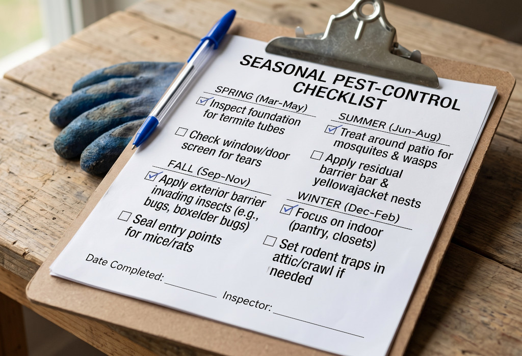 Checklist on a clipboard showing seasonal pest prevention tasks