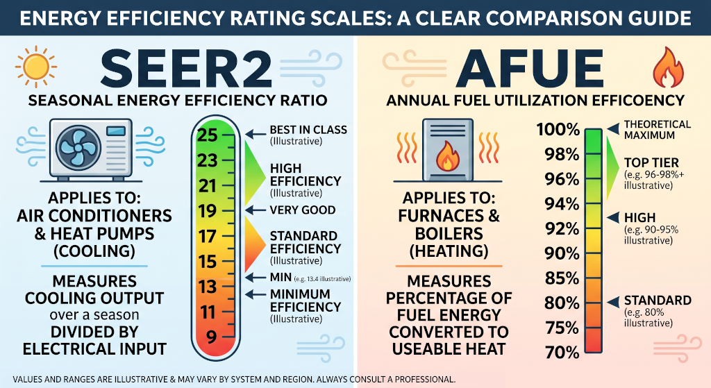 Comparison of SEER2 and AFUE energy efficiency rating scales