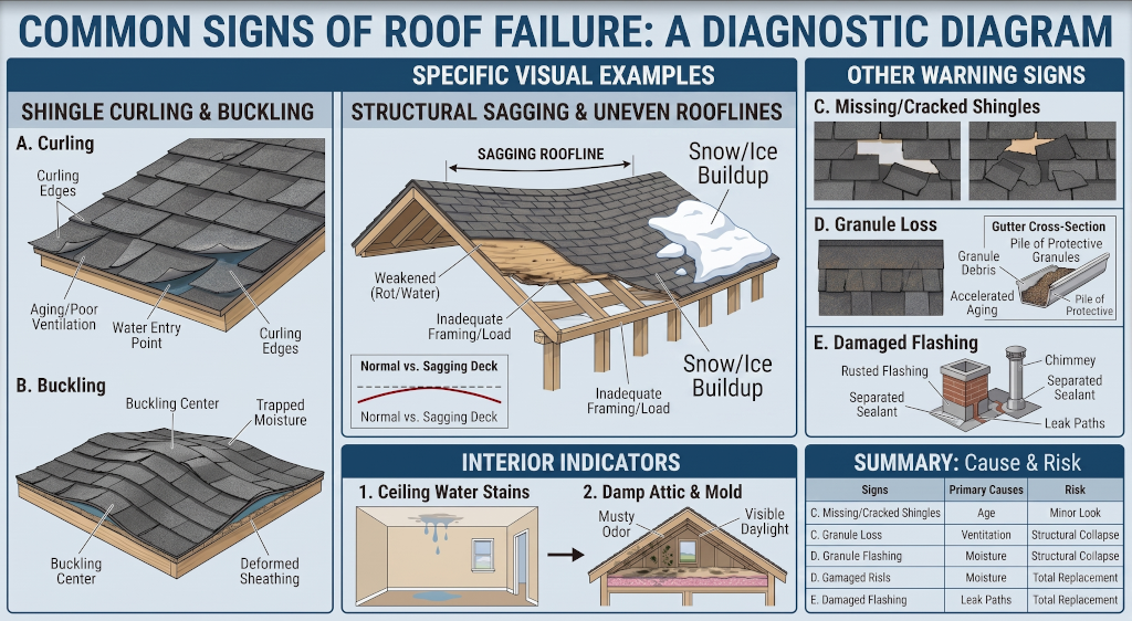 Diagram showing common signs of roof failure such as curling shingles and sagging