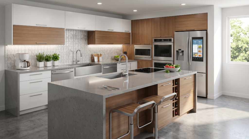 Modern 2026 kitchen featuring a large multi-use island and smart appliances