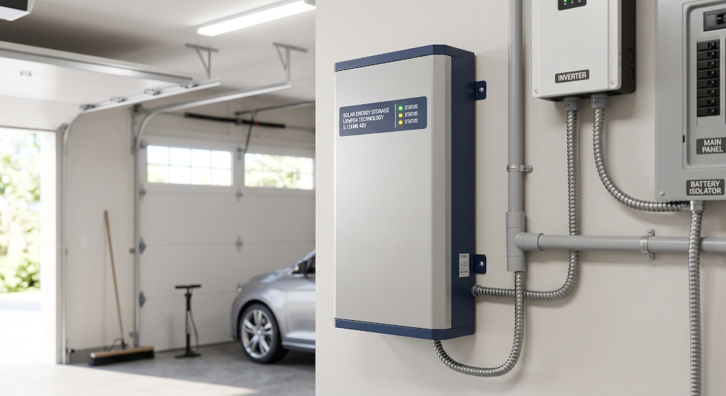 A modern lithium iron phosphate solar battery installed on a garage wall