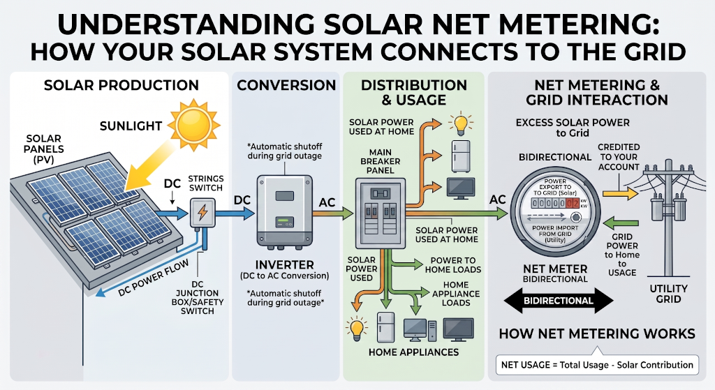 Diagram explaining how solar panels connect to an inverter and the utility grid through net metering