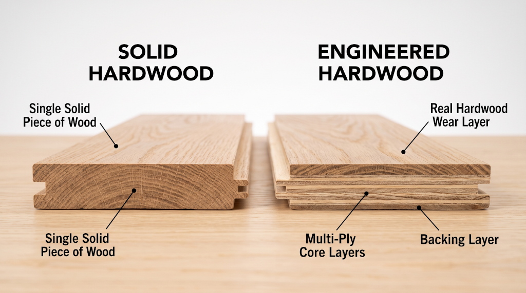 Cross section comparison of solid hardwood versus engineered hardwood flooring planks