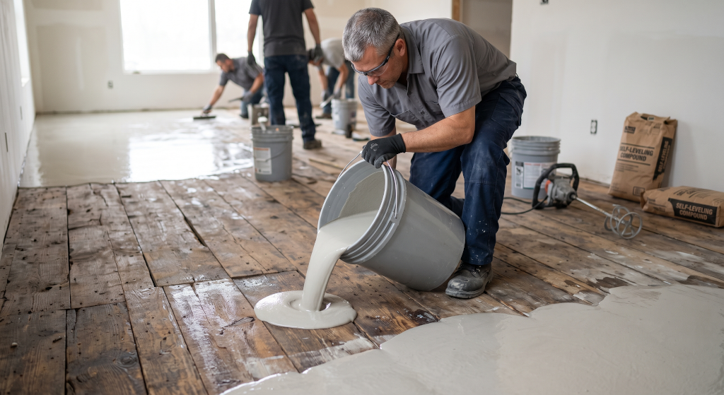 Contractor pouring self-leveling concrete compound over an uneven wooden subfloor